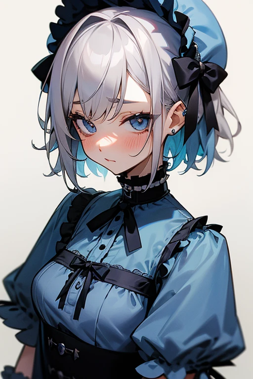 short gray hair, blush, Gothic Lolita、punk fashion、Headbang 2.、blue clothes、