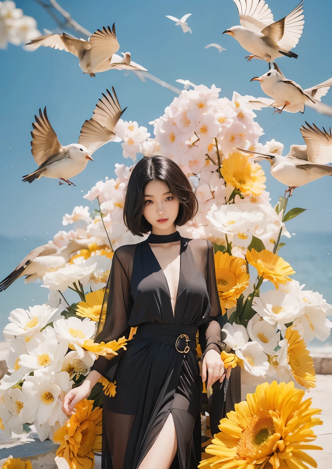 (Best quality, 8k, 32k, Masterpiece, UHD:1.2) "Generate a captivating artwork featuring a young Japanese girl model with short, sleek black hair styled in a chic bob haircut. Envision her bathed in dramatic cinematic lighting, creating an atmosphere of allure and mystery. Emphasize a romantic aesthetic vibe, showcasing the model in a poised and elegant pose that evokes a sense of intimacy and sophistication. Utilize warm and soft tones to enhance the romantic ambiance, and consider incorporating elements like flowing fabrics or flowers to add a touch of ethereal beauty. Capture the essence of romance and beauty through the model's expression, the play of light and shadows, and the overall aesthetic, creating a visually compelling and emotionally resonant piece." (perfect eyes), flawless skin, flawless face, cinematic, tight body, ((well-proportion female hands)), ((female hands with five digits)) ((Body is well proportioned)), ((chic bob haircut)), soft focus ((Short Black Hair)), ((flowers)) ((birds))