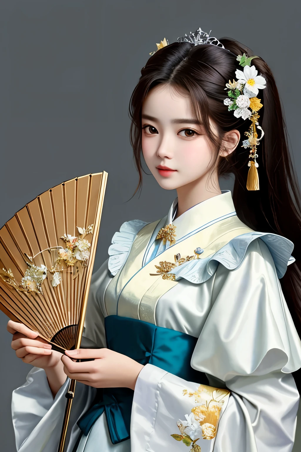 ((best quality)), ((masterpiece)), (detailed), perfect face, Korean beauty holding a fan in her hand, Giovanni Boldini(Giovanni Boldini), perfect hands, different actions, clothes:random color,