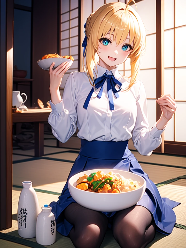 Key Visual,official art,highest quality, masterpiece,cowboy shot,upper body up:1.6,{{{{{{Artoria Pendragon in plain clothes:1.6}}}}}}, Seiza on the tatami in a Japanese-style room:1.6,masterpiece, highest quality, High resolution,white shirt:1.6, blue tight skirt:1.6, black pantyhose,There is a lot of Japanese food on the table in front of her.、A round Japanese low table can be seen in the foreground of the image.:1.6, happy smile, open your mouth a little,today's Menu for the Emiya Family'sの家の中,He looks very happy as he holds a bowl of food in both hands.、blue ribbon on head:1.6
