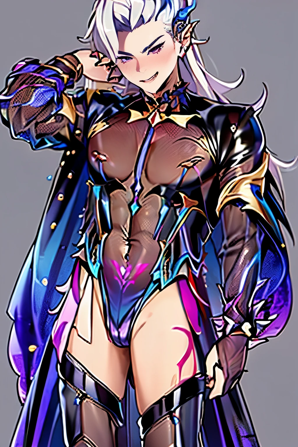 masterpiece, top-quality, Hi-Res, (((((((1boy in))))))), (((((Neuvillette)))))), (((Evil Fall))), (((Leotard)))), (Hollow eyes), (Evil stained figure))。Black costume。The sheen。tattoo。, Long hair, Multicolored Hair , White and Blue hair,full-body view,Stage background,Gothic background,