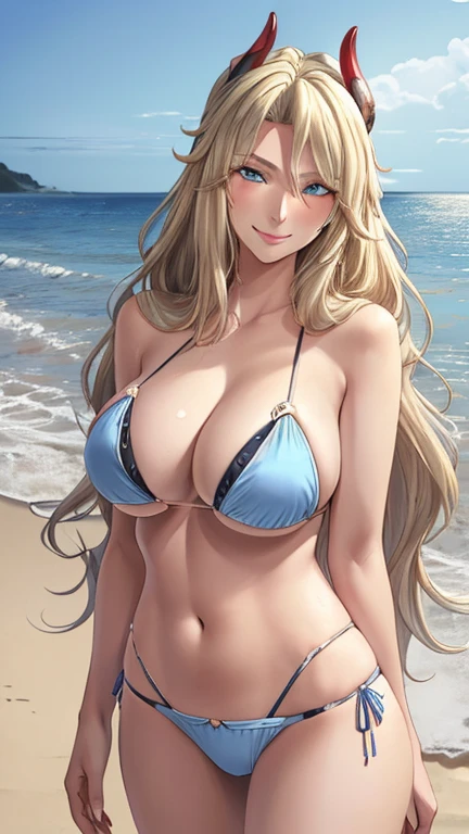 (masterpiece, best quality, ultra detailed, cowboy shot)1.5, 1girl, (sexy, beautiful woman, perfect face, perfect eyes, perfect female body)1.5, (ElizaPerlman, single horn hair ornament, long hair, wavy hair, blonde hair, blue eyes, mole under mouth, extremely detailed clothes, smile, bikini, beach, sea, laying,