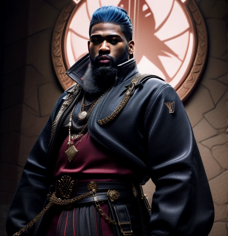 there is a godly man with a beard and a sword standing in front of a wall, Red design embroidered on clothing, Inside a royal palace, unreal 5. rpg portrait, hip hop style 8 k octane render, created in unreal engine 5, 8k portrait render, cinematic unreal 5, handsome prince warrior of NY, yasuke 5 0 0 px models, 8 k cg render, rendered in unreal 5, rendered in unreal engine 5, Son of Australian Rhea Ripley, african American, Genetics, a will to thrive, Masculine traits and attributes, 50 Cent energy, shaved, vibrant brown eyes, radiant, focused, ambitious head, confident, observant, competent, Streetwear inspired clothing, luxury streetwear, hip hop vibe, art, luxurious, Cancer Sun Sign traits, Sagittarius Moon traits, natal chart, Libra ascendant, high quality long sleeve shirt, Red and blue design embroidered on clothing, wearing diamond chain draped on upper body, Louis Vuitton themed fashion