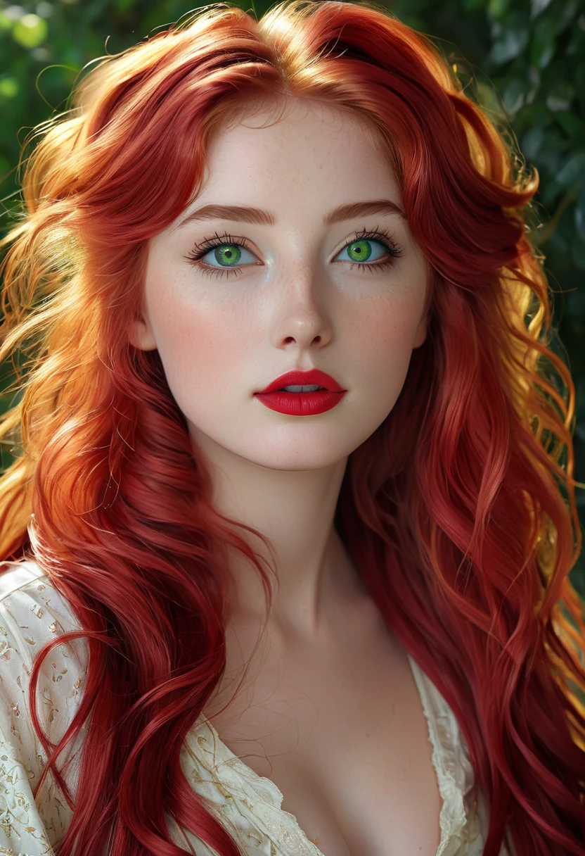 (masterpiece, best quality), ((realistic)), 1girl, solo, (((age 18))), (skin texture:1.1), (skin pores:1.2), (pale skin), (high detail face), ultra-detailed, digital-art,((Raw photo)), ((very long curly red hair)), (Big Twin tails), Looking at up, ((Green Gold Eyes)), (Translucent Cornea, luminosity:1.2), ((beautiful and perfect eyes)), Black Eyeliner, thin eyebrows, long eyelashes, ((full lips, lipstick hot red)), ((Full Body, standing, random pose)), (medium breast)