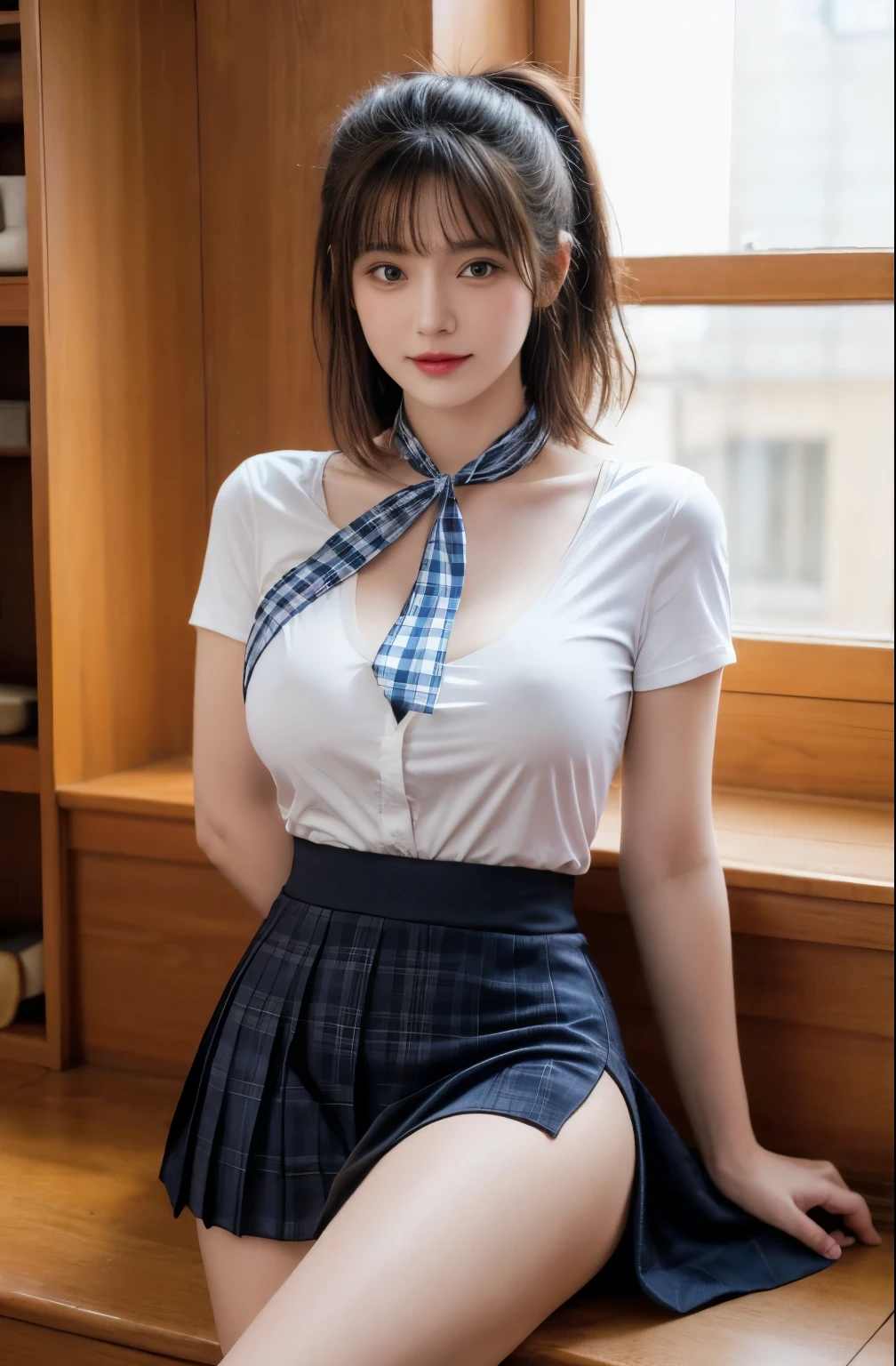 NSFW, 8k RAW photo, highest quality, masterpiece, ultra high resolution, film grain, movie, 1 girl, looking at the viewer, natural skin texture, Realistic eye and face details, lip whole, lipstick, (compensate), red eyeshadow, bangsのあるふわふわのきれいなショートヘア,close your mouth, beautiful feet, tall woman, tall woman、skin, slim legs, solo, huge breasts, cleavage, Pose with your buttockss facing you, super short skirt, long beautiful legs、buttocks, Transparent shirt, beautiful natural places, Around the flower position, (detailed background), plaid skirt, white collared shirt, beautiful white skin、white skin skin、big and full breasts、huge breasts, cleavage, シャツから少しcleavageを見せる,, blurry背景, blurry, plaid, short sleeve, JK wearing a ribbon around his neck, jk ribbon, black haired, bracelet, water, bangs, , gem,, lips, pleated skirt, Depth of the bounds written、beautiful legs、glowing skin、long neck、long neck、Please show your ears、eye highlights、Please look closely at the camera、look at the viewer、see-through white underwear is visible from between the skirts、see-through white underwear、Close your mouth and smile happily、stylish proportions