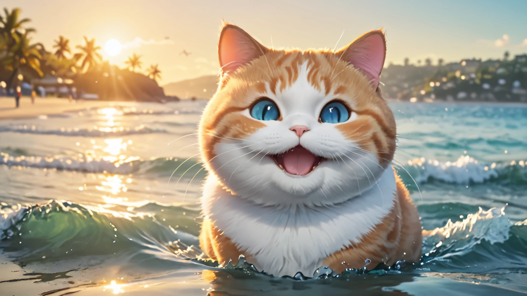 Chubby cat, playing in water, at coast, smile and cute, master piece, high resolution 4k, 3d artwotk
