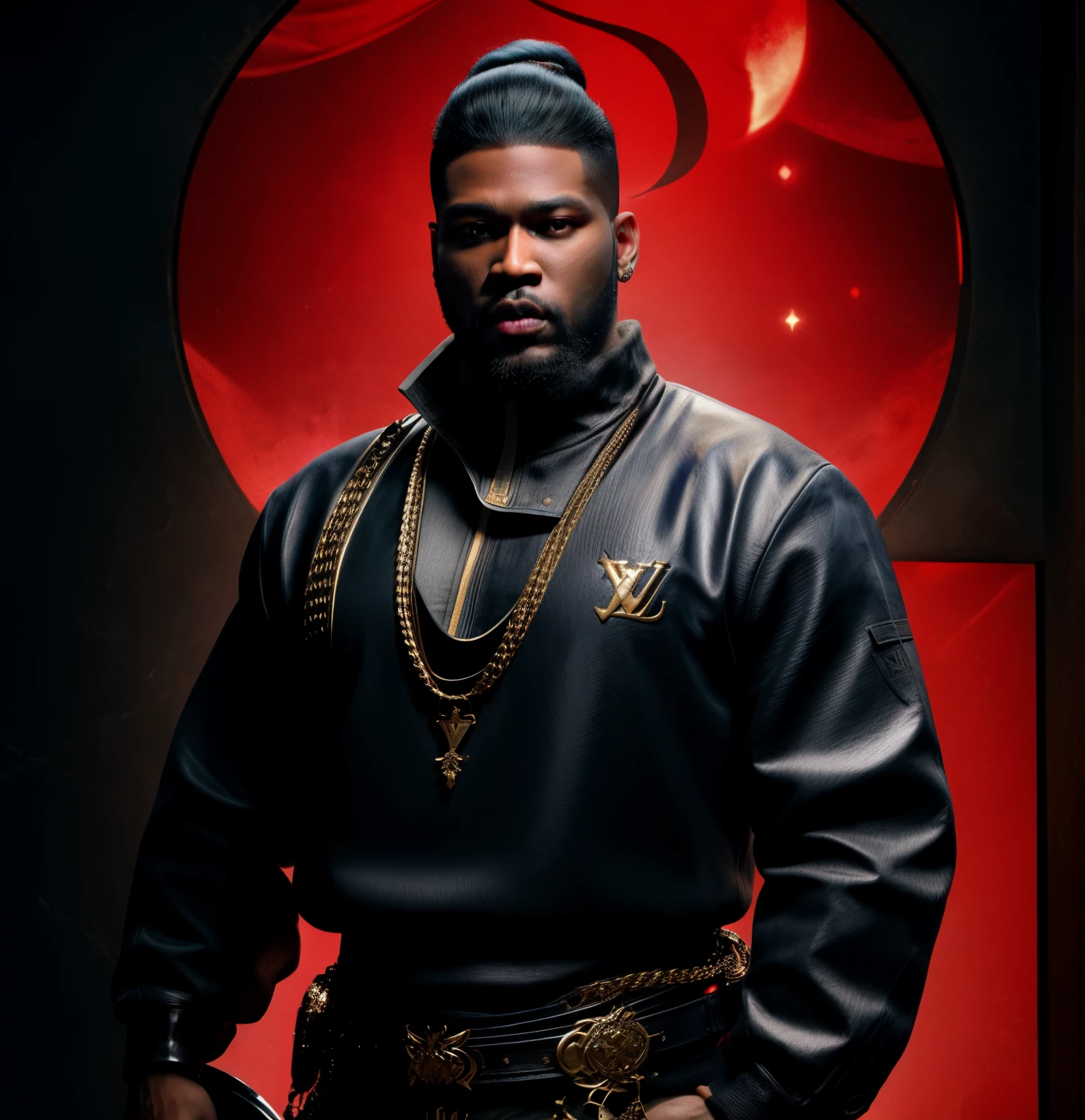 there is a godly man with a beard and a sword standing in front of a wall, Red design embroidered on clothing, Inside a royal palace, unreal 5. rpg portrait, hip hop style 8 k octane render, created in unreal engine 5, 8k portrait render, cinematic unreal 5, handsome prince warrior of NY, yasuke 5 0 0 px models, 8 k cg render, rendered in unreal 5, rendered in unreal engine 5, Son of Australian Rhea Ripley, african American, Genetics, a will to thrive, Masculine traits and attributes, 50 Cent energy, shaved, vibrant brown eyes, radiant, focused, ambitious head, confident, observant, competent, Streetwear inspired clothing, luxury streetwear, hip hop vibe, art, luxurious, Cancer Sun Sign traits, Sagittarius Moon traits, natal chart, Libra ascendant, high quality long sleeve shirt, Red and blue design embroidered on clothing, wearing diamond chain draped on upper body, Louis Vuitton themed fashion