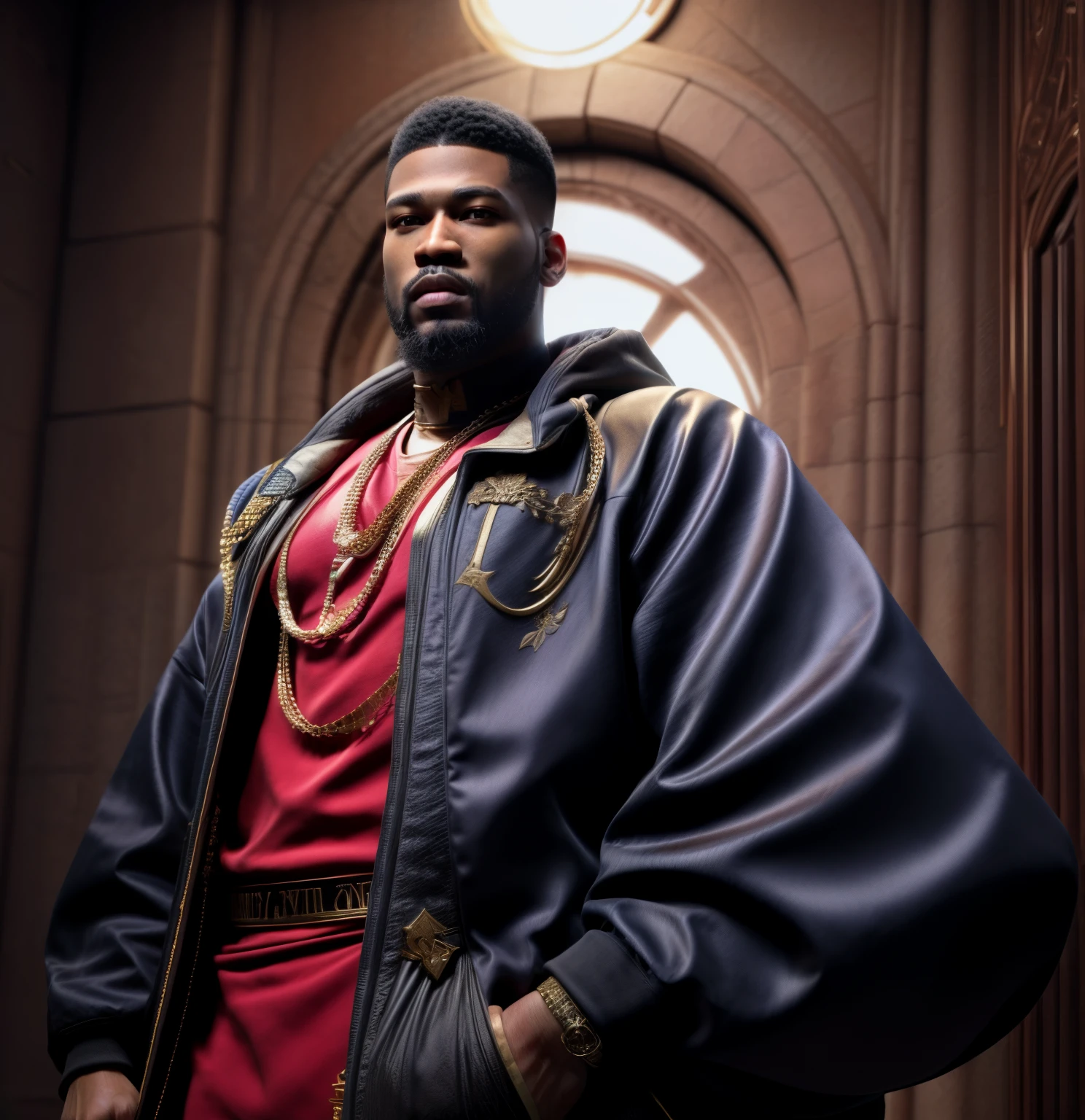 there is a godly man with a beard and a sword standing in front of a wall, Red design embroidered on clothing, Inside a royal palace, unreal 5. rpg portrait, hip hop style 8 k octane render, created in unreal engine 5, 8k portrait render, cinematic unreal 5, handsome prince warrior of NY, yasuke 5 0 0 px models, 8 k cg render, rendered in unreal 5, rendered in unreal engine 5, Son of Australian Rhea Ripley, african American, Genetics, a will to thrive, Masculine traits and attributes, 50 Cent energy, shaved, vibrant brown eyes, radiant, focused, ambitious head, confident, observant, competent, Streetwear inspired clothing, luxury streetwear, hip hop vibe, art, luxurious, Cancer Sun Sign traits, Sagittarius Moon traits, natal chart, Libra ascendant, high quality long sleeve shirt, Red and blue design embroidered on clothing, wearing diamond chain draped on upper body, Louis Vuitton themed fashion