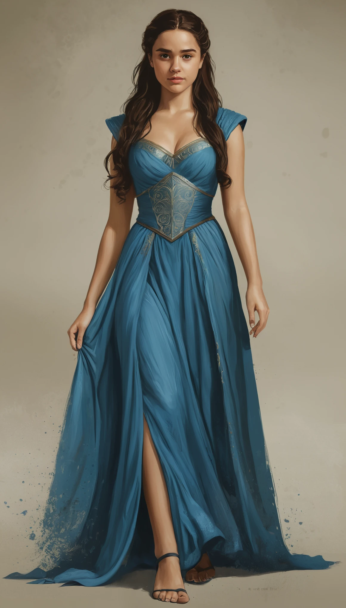 An illustrated movie poster, hand-drawn, full color, a Westerosi teen girl, wearing a long regal dress, r sun-tanned complexion, tall, athletic, slender hourglass figure, toned midriff, generous hips, massive bubble-butt, ridiculously thick powerful thighs, dark hair, long hair, waist-length hair, posing on a pedestal, hard shadows, graphite shading, stencil marks, airbrushed acrylic paint, masterpiece, in the style of Game of Thrones 