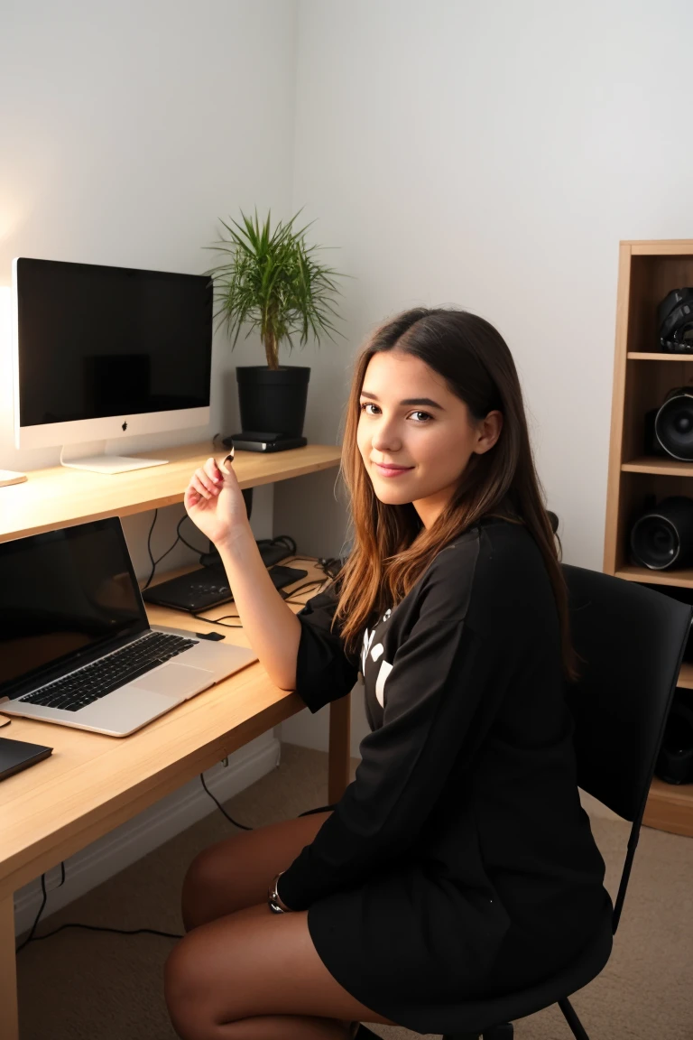 30 years old, curly hair, blonde hair, friendly looking, designer in an office environment. Small hands, a Turkish woman. Instagram phenomenon, design office, desk, computer