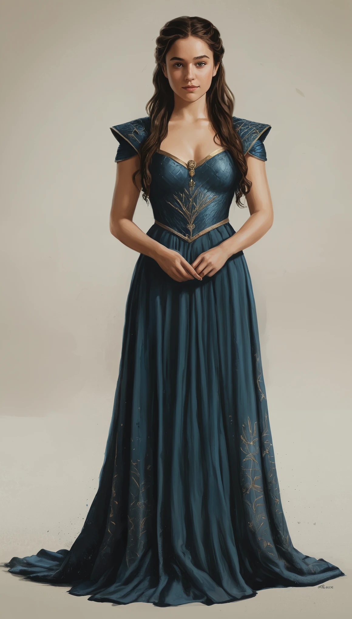 An illustrated movie poster, hand-drawn, full color, a Westerosi girl, wearing a long regal dress, r sun-tanned complexion, tall, athletic, slender hourglass figure, toned midriff, generous hips, massive bubble-butt, ridiculously thick powerful thighs, dark hair, long hair, waist-length hair, posing on a pedestal, hard shadows, graphite shading, stencil marks, airbrushed acrylic paint, masterpiece, in the style of Game of Thrones