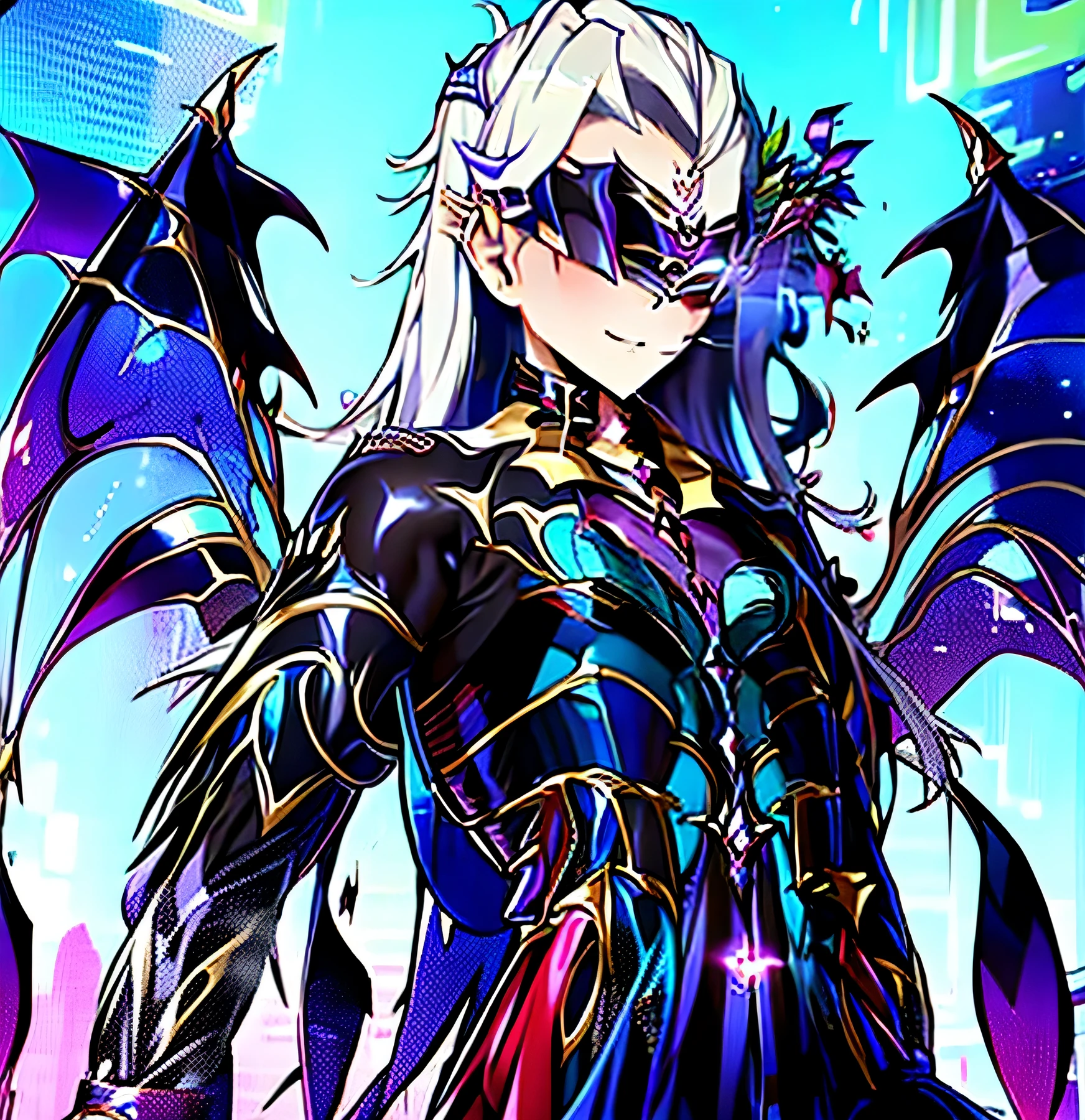 masterpiece, top-quality, Hi-Res, (((((((1boy in))))))), (((((Neuvillette)))))), (((Evil Fall))), ((( Visor)))), ), (Evil stained figure))。Black costume。The sheen。tattoo。, Long hair, Multicolored Hair , White and Blue hair,full-body view,Stage background,Gothic background, corruption:1.3