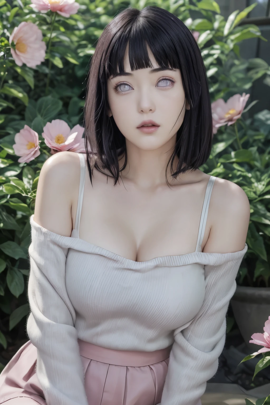 masterpiece, hinata\(boruto\), 1girl, mature women, (((Red kimono with spaghetti strap top))), (((Close-up photo))), (((Selfie))), (((Closed Clothing))), (((cleavage))), (((big breasts))), (((big round breasts))), (((round breasts))), (((extremely heavy breasts))), (((Colossal tits))), (((heavy breasts))), (((plump breasts))), (((super round breasts))), (((very round breasts))), (((perfect breasts))), (shy face), detailed lips, beautiful face, blush, (pink lips), (((long hair))), white eyes, gentle gaze, smile, super realistic, detailed, realistic face and body, realistic hair, realistic eyes, realistic nose, realistic lips, seductive pose, (((straight bangs))), (dark blue hair), 28 year old girl