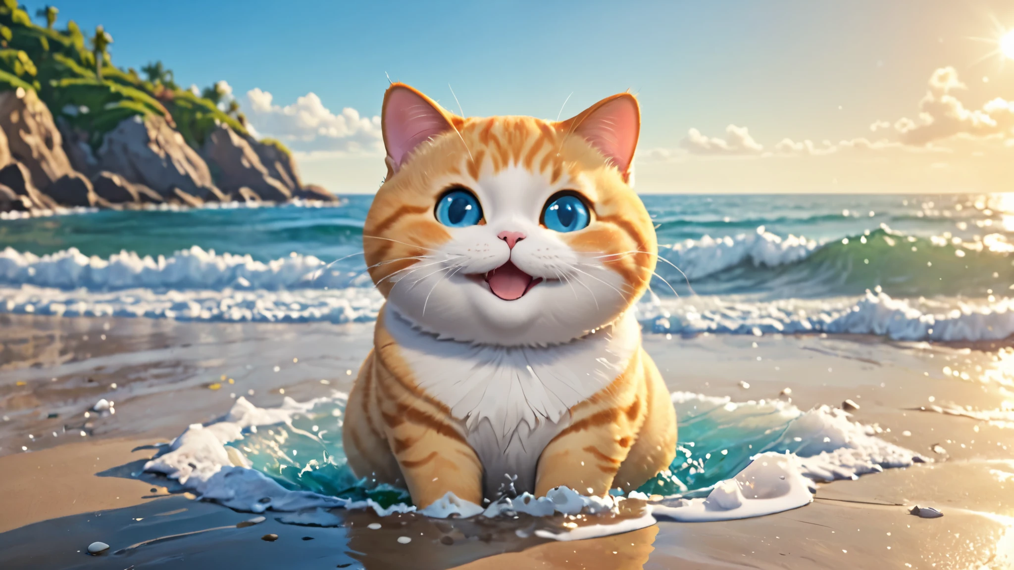 Chubby cat, playing in water, at coast, smile and cute, master piece, high resolution 4k, 3d artwotk