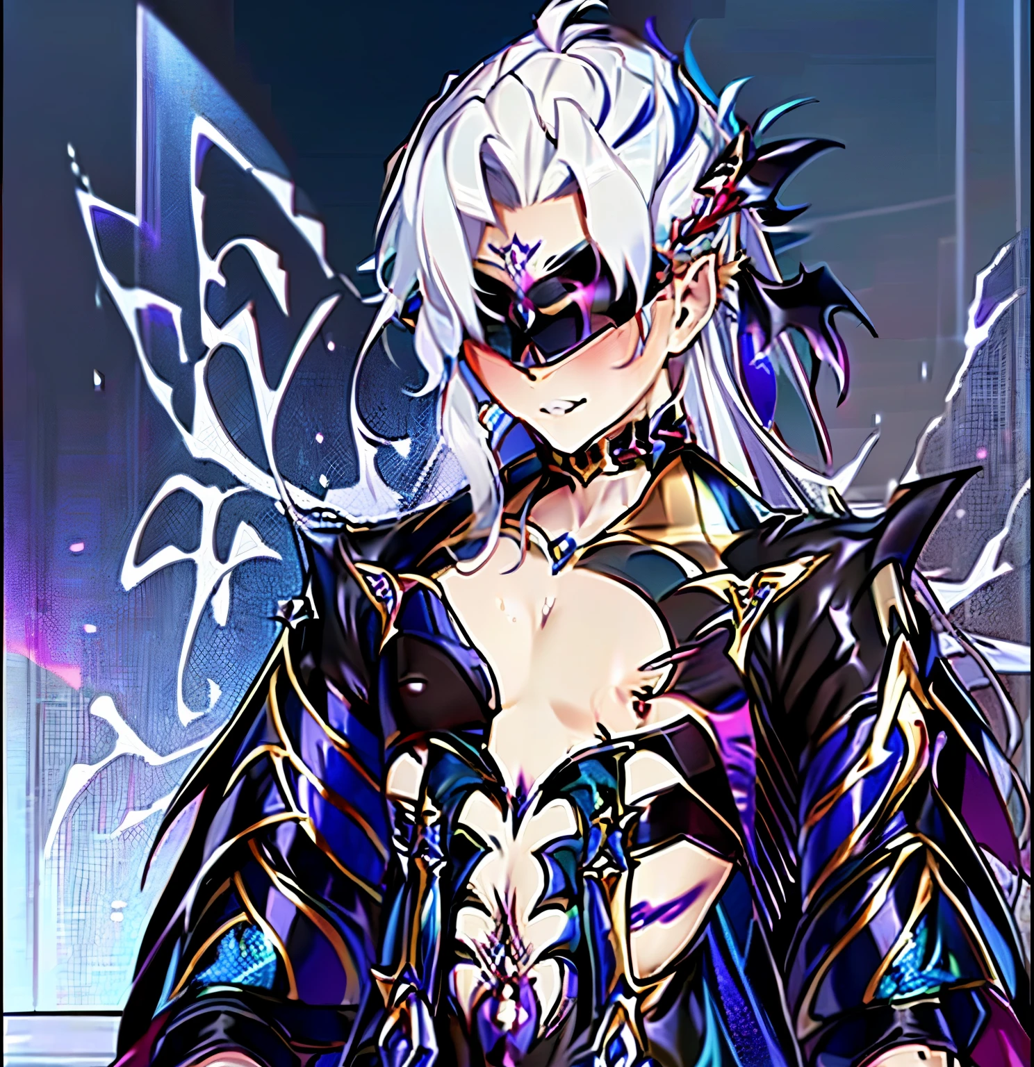 masterpiece, top-quality, Hi-Res, (((((((1boy in))))))), (((((Neuvillette)))))), (((Evil Fall))), ((( Visor)))), ), (Evil stained figure))。Black costume。The sheen。tattoo。, Long hair, Multicolored Hair , White and Blue hair,full-body view,Stage background,Gothic background, corruption:1.3