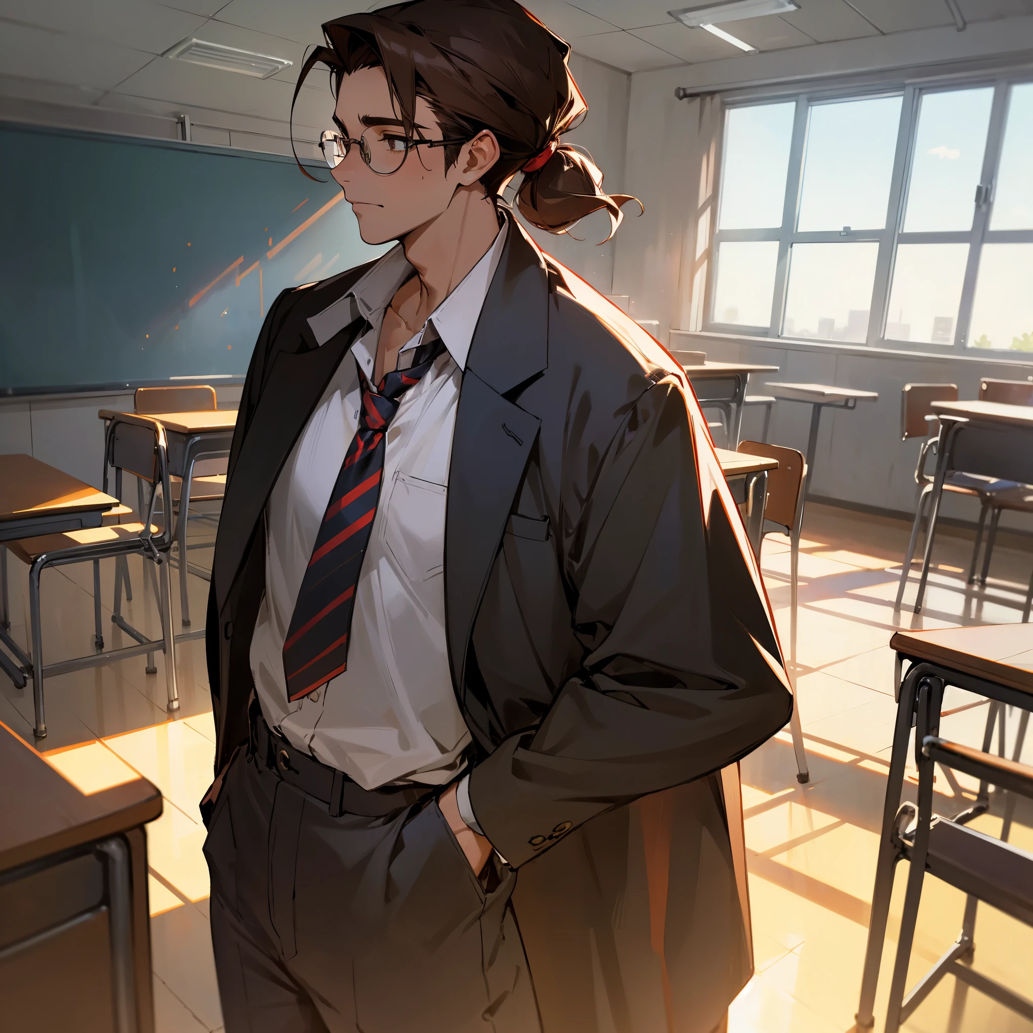 1male , School Teacher , Glasses , Slickback Hair , Dark brown hair , Standing in classroom