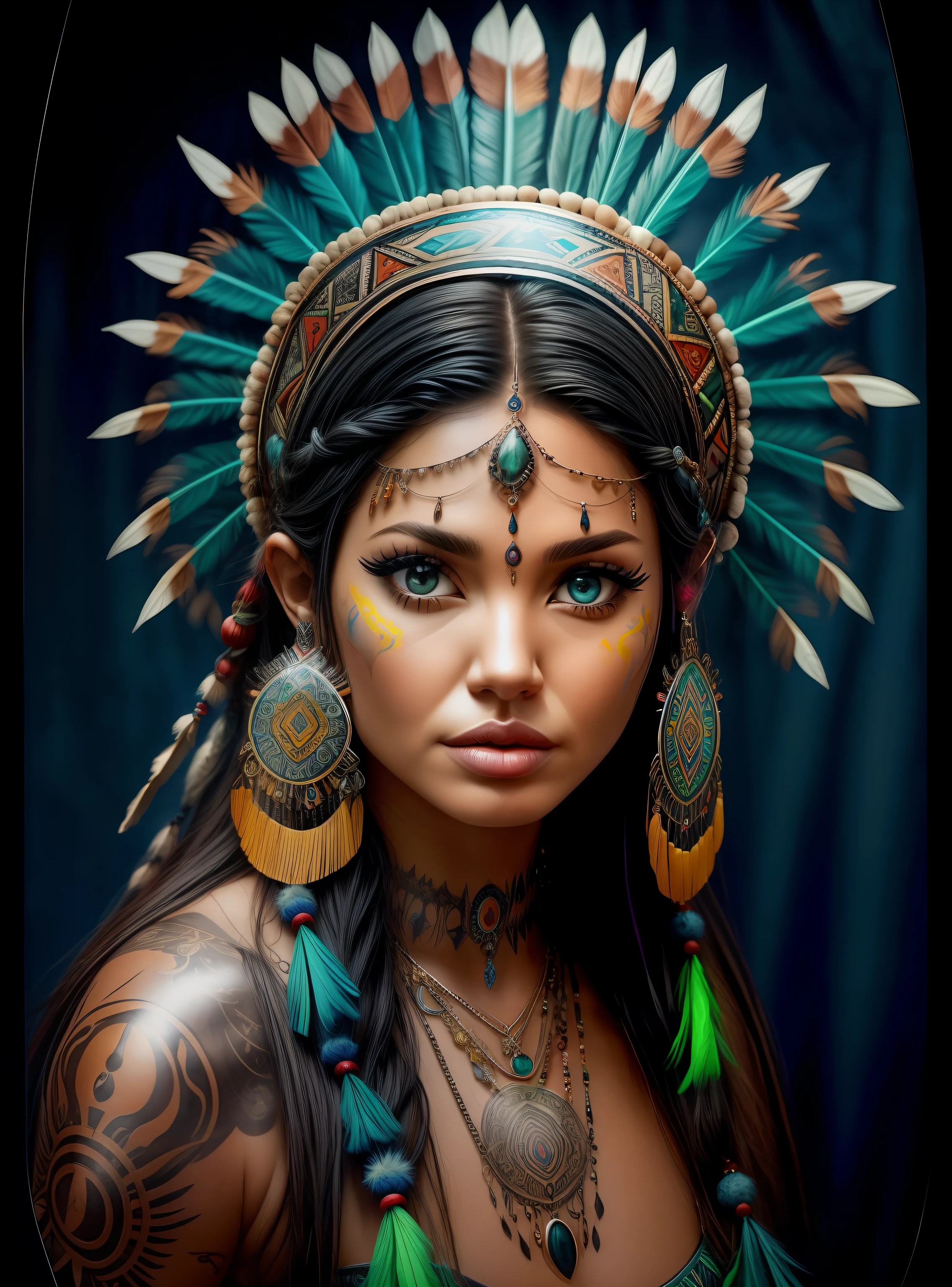 Woman in a feather headdress with feathers on her head,(((rosto pintado))), estilo anos 80, princesa asteca, usando coroa de penas brilhantes,  com penas, beautiful young female shaman,rosto pintado,(((fluorescente))), she is dressed in shaman clothes, cocar emplumado,tatuagem do esterno, cocar ornamentado, a young female shaman, Angelina Jolie UHD, cocar, : native american shamen fantasy, cocar centralizado,rosto pintado,fluorescente, Polaroid, Nikon D750