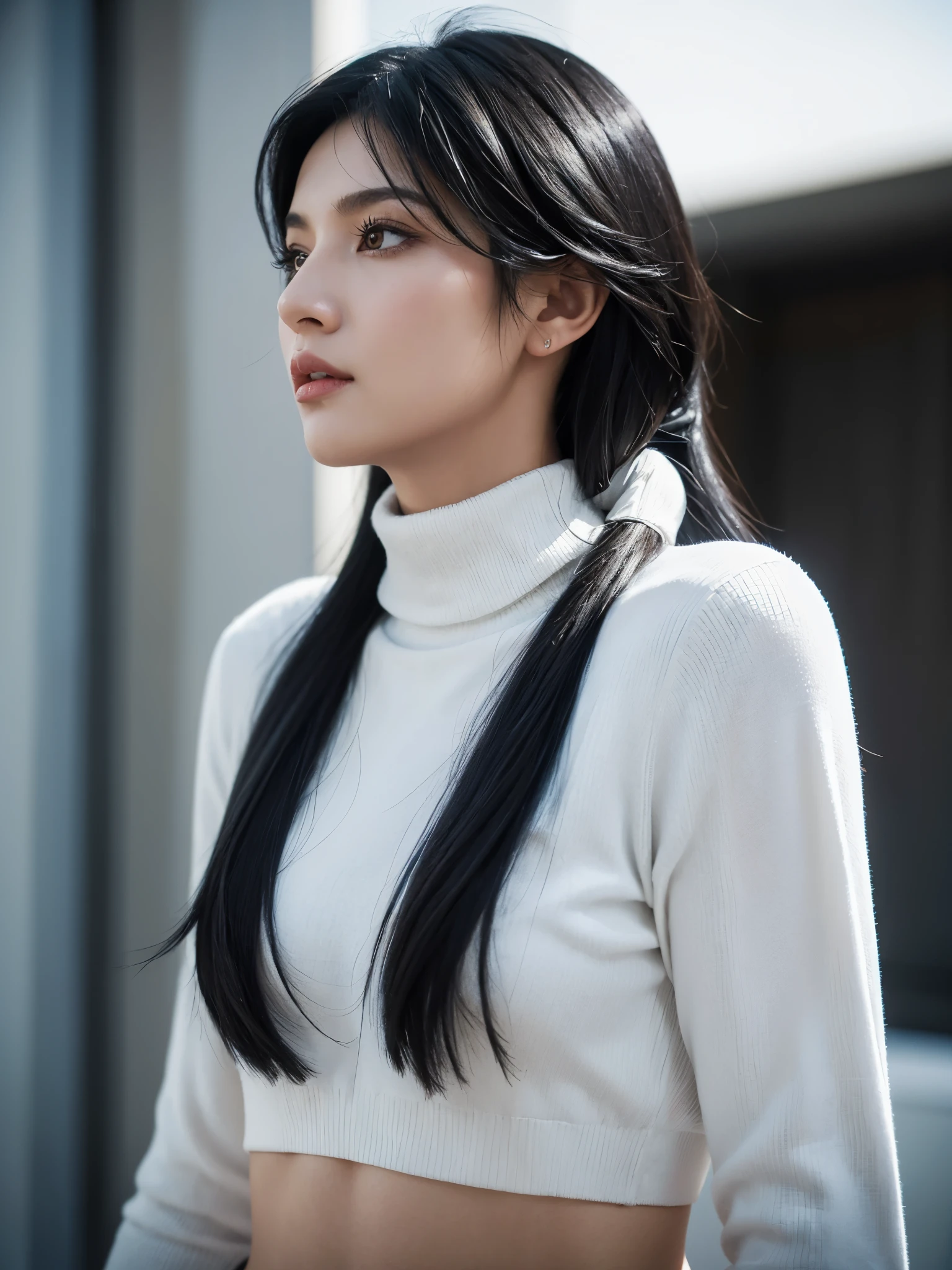 A stunning intricate full color portrait of (sks woman:1), wearing a white turtleneck with cropped in the belly part, cropped turtleneck, dark plain background, epic character composition, by ilya kuvshinov, alessio albi, nina masic, sharp focus, natural lighting, subsurface scattering, f1.8, 35mm, film grain, black voluminous hair inspired by Pharah Overwatch, (((black hair))), side bang, best hair, candid, looking away