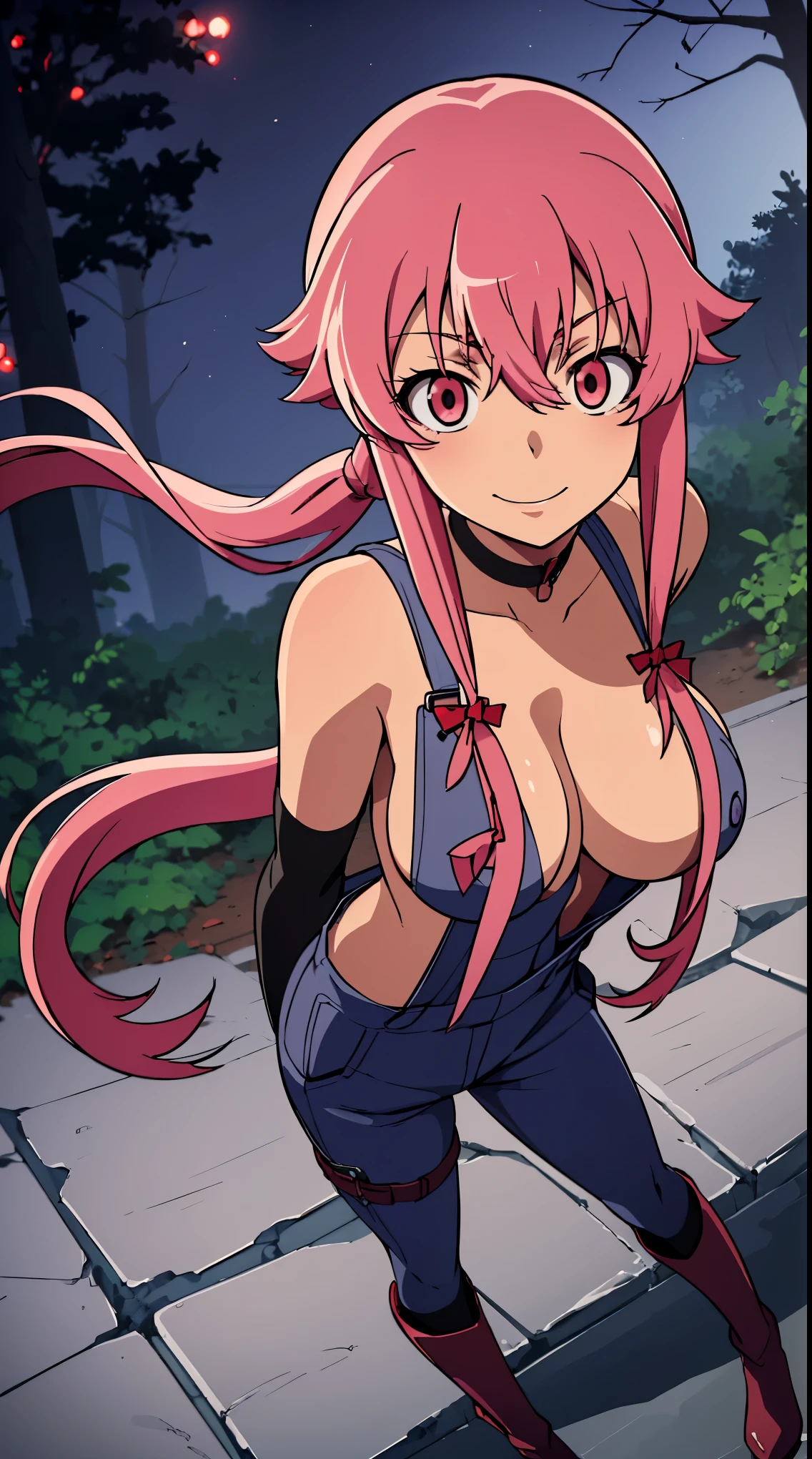 anime_still, masterpiece, best quality, 1girl, Gasai Yuno, long hair, pink hair, low twintails, smile, , red eyes, (:1.5),1girl, black choker, dark grey, (overalls:1.25), leather gloves, black boots, ((nigth:1.5)), (chasing you through the woods BY yuno gasai), moonlight, blood on floor, horror scane, (evil smile:1.4), (evil eyes:1.6), (horror_movies:1.5), (woods:1.6),(dark:1.7), (out_boors), blood on hands,blood stain