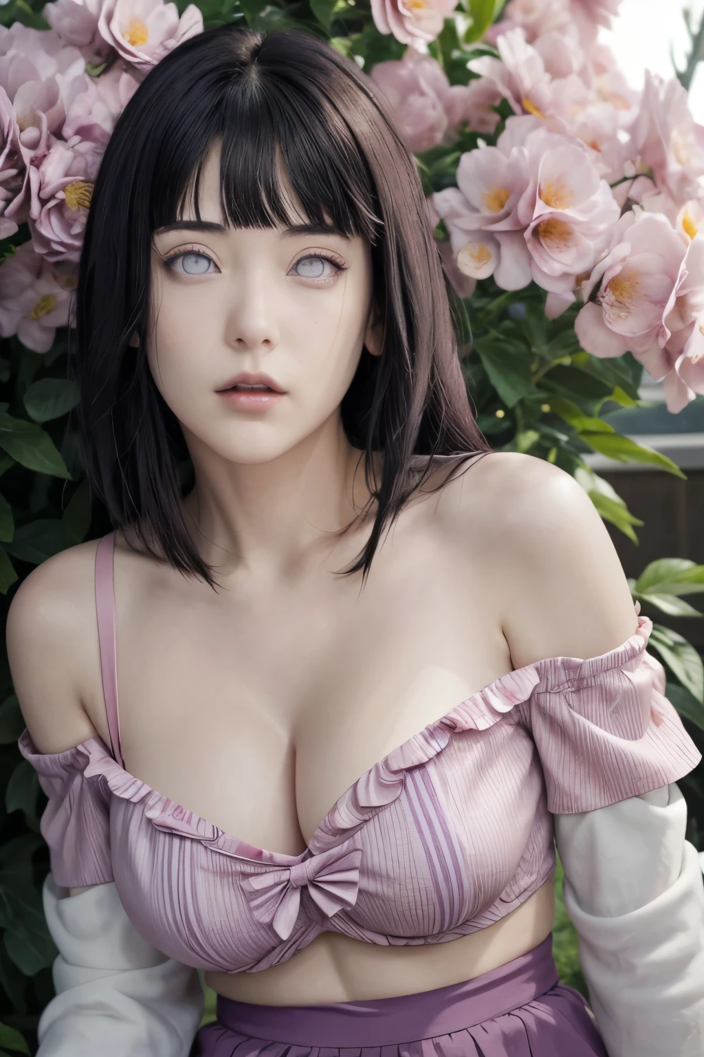 masterpiece, absurdres, hinata\(boruto\), 1girl, solo,mature female, off-shoulder, bra strap, high waist short skirt, looking at viewer, (falling petals), perfect composition, detailed lips, big breast, beautiful face, body propotion, blush, (pink lips), long hair, purple eyes, soft gaze, super realistic, detailed, photoshoot, realistic face and body,