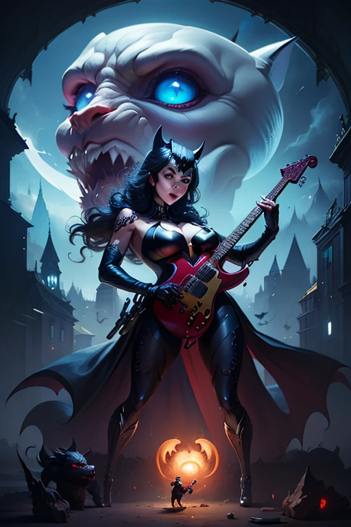 batman and catwoman playing guitar in front of a giant demon, artgerm and tom bagshaw, artgerm julie bell beeple, artist artgerm i and wlop, artgerm greg rutkowski _ greg, artstyle tom bagshaw, aly fell and artgerm, in the style artgerm, guillem h. pongiluppi