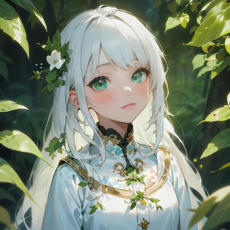 anime girl with white hair and green eyes standing in front of a bush, beautiful anime portrait, white haired deity, guweiz on artstation pixiv, guweiz on pixiv artstation, girl with white hair, beautiful anime girl, artwork in the style of guweiz, detailed digital anime art, cute anime girl portrait, cute anime girl portraits