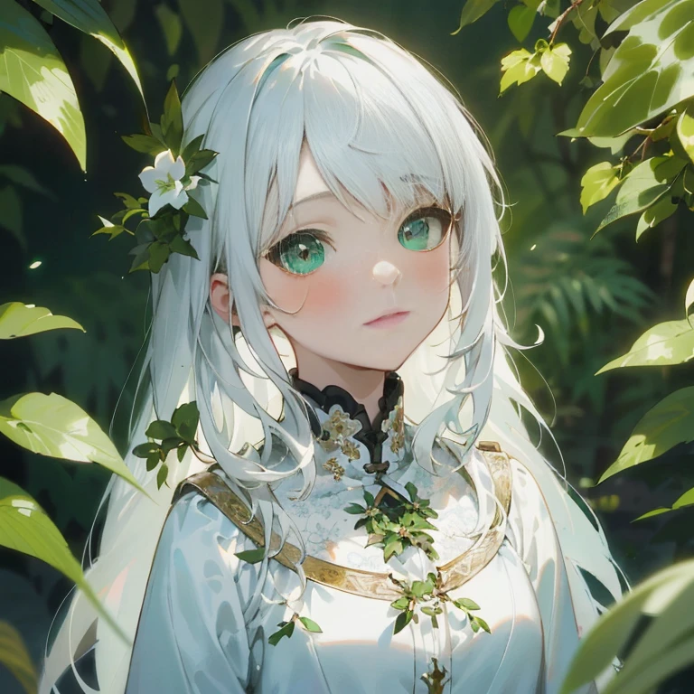 anime girl with white hair and green eyes standing in front of a bush, beautiful anime portrait, white haired deity, guweiz on artstation pixiv, guweiz on pixiv artstation, girl with white hair, beautiful anime girl, artwork in the style of guweiz, detailed digital anime art, cute anime girl portrait, cute anime girl portraits