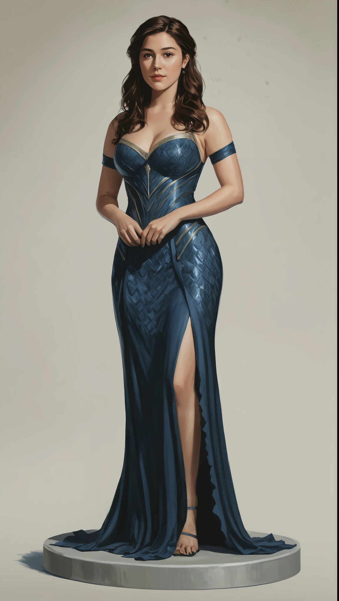 An illustrated movie poster, hand-drawn, full color, a Westerosi girl, wearing a long regal dress, resembles Mary Elizabeth Winstead, sun-tanned complexion, tall, athletic, hourglass figure, toned midriff, bottom-heavy, generous hips, massive bubble-butt, ridiculously thick powerful thighs, dark hair, long hair, waist-length hair, posing on a pedestal, hard shadows, graphite shading, stencil marks, airbrushed acrylic paint, masterpiece, in the style of Game of Thrones