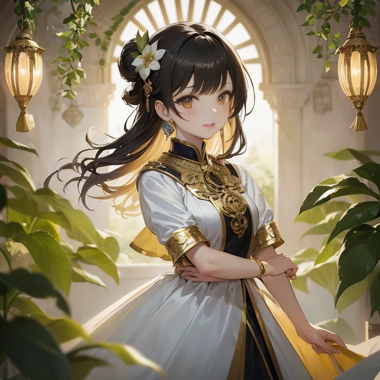 anime girl in a white dress with a gold trim and a flower in her hair, cushart krenz key art feminine, ayaka genshin impact, high detailed official artwork, palace ， a girl in hanfu, cute anime waifu in a nice dress, official art, ((a beautiful fantasy empress)), keqing from genshin impact, marin kitagawa fanart