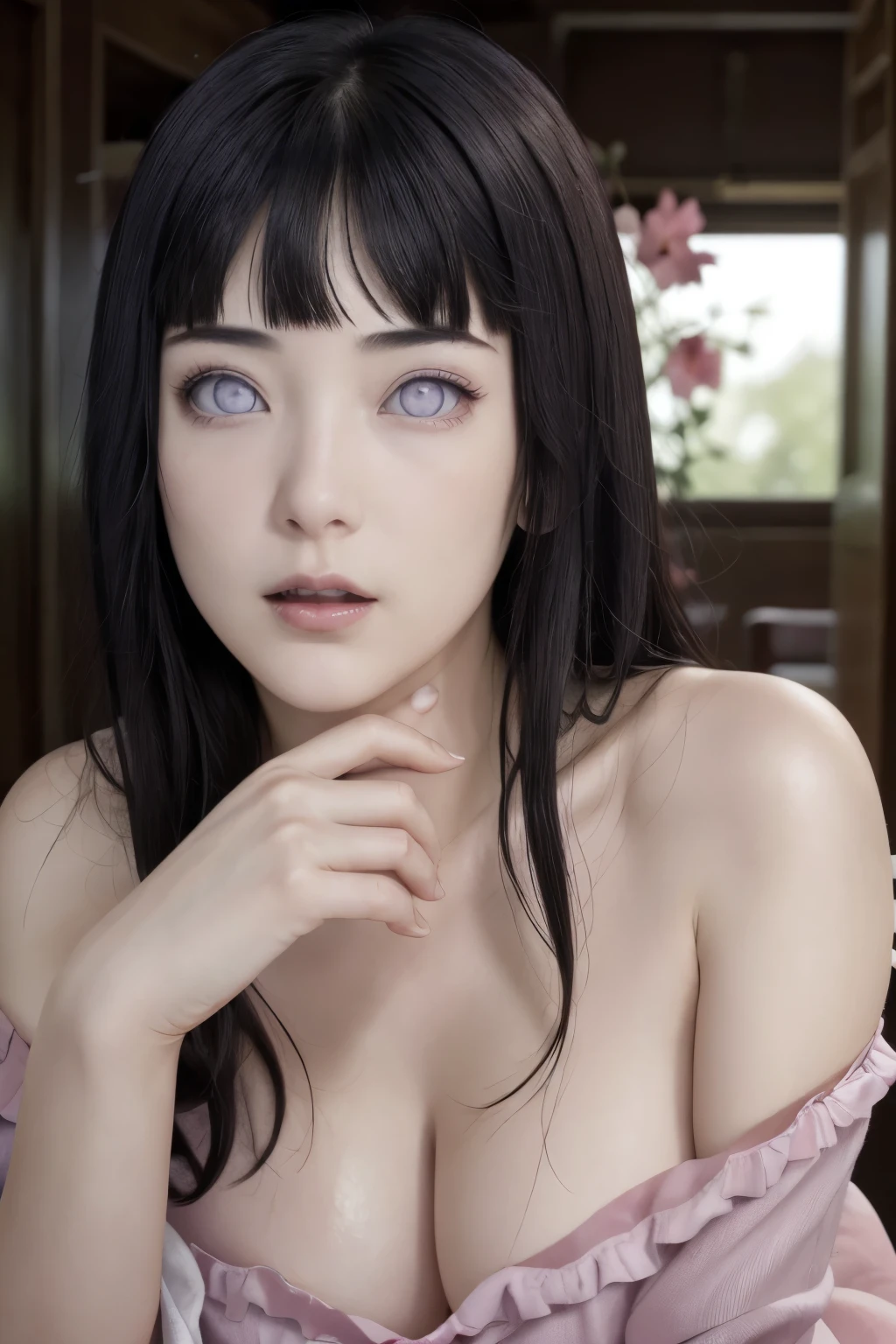 masterpiece, absurdres, hinata hyuga, 1girl, solo,mature female, off shoulder top, looking at viewer, (falling petals), perfect composition, detailed lips, big breast, beautiful face, body propotion, blush, (pink lips), long hair, purple eyes, soft gaze, super realistic, detailed, photoshoot, realistic face and body, detail body, detail finger, sexual expression, seductive expression,