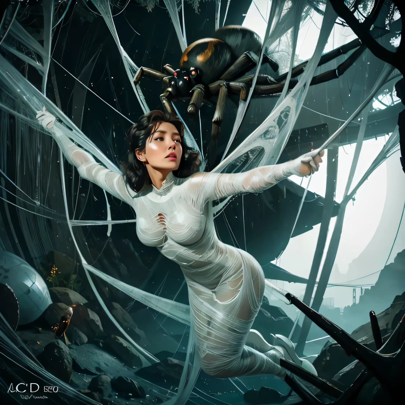 a woman trapped in the spider web, spider web, cocoon, gr3ysh33r,