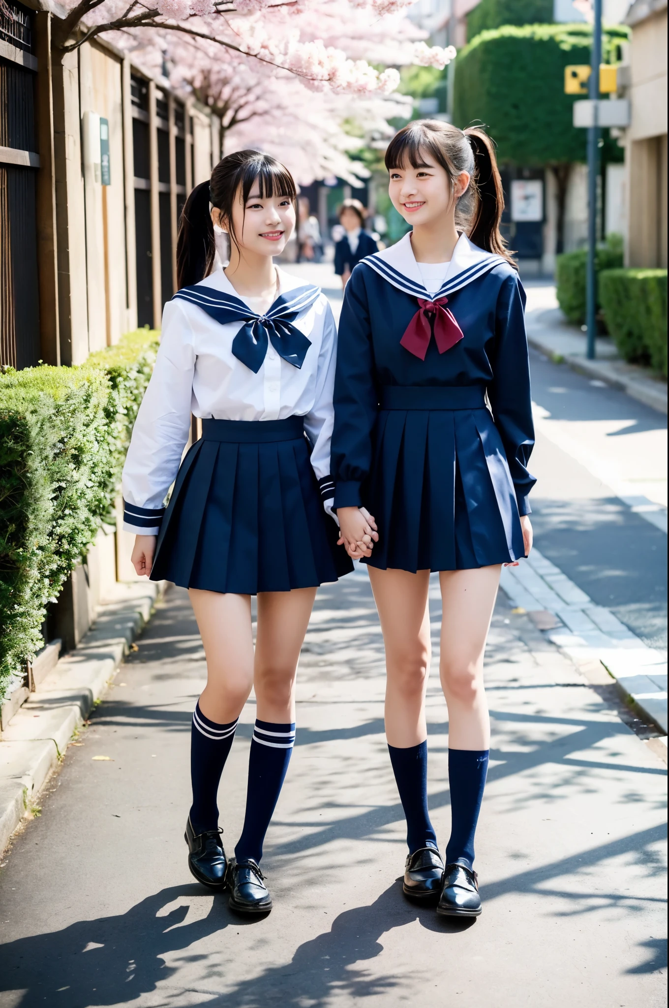 girls walking in cherry blossom street,navy blue long-sleeved sailor dress with navy blue pleated skirt,bow tie,navy blue high socks,shool bag,18-year-old,bangs,a little smile,thighs,knees,low ponytail with barrette,from below,front light