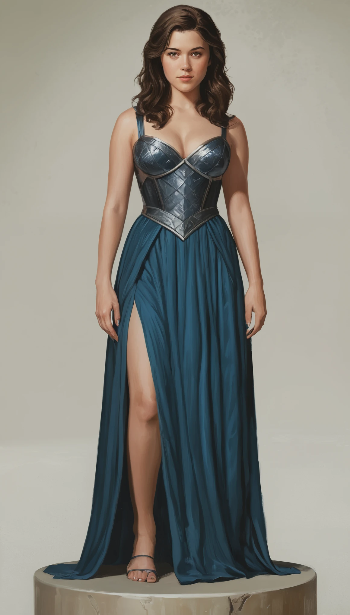 An illustrated movie poster, hand-drawn, full color, a Westerosi girl, wearing a long regal dress, resembles Mary Elizabeth Winstead, sun-tanned complexion, tall, athletic, hourglass figure, toned midriff, bottom-heavy, generous hips, massive bubble-butt, ridiculously thick powerful thighs, dark hair, long hair, waist-length hair, posing on a pedestal, hard shadows, graphite shading, stencil marks, airbrushed acrylic paint, masterpiece, in the style of Game of Thrones