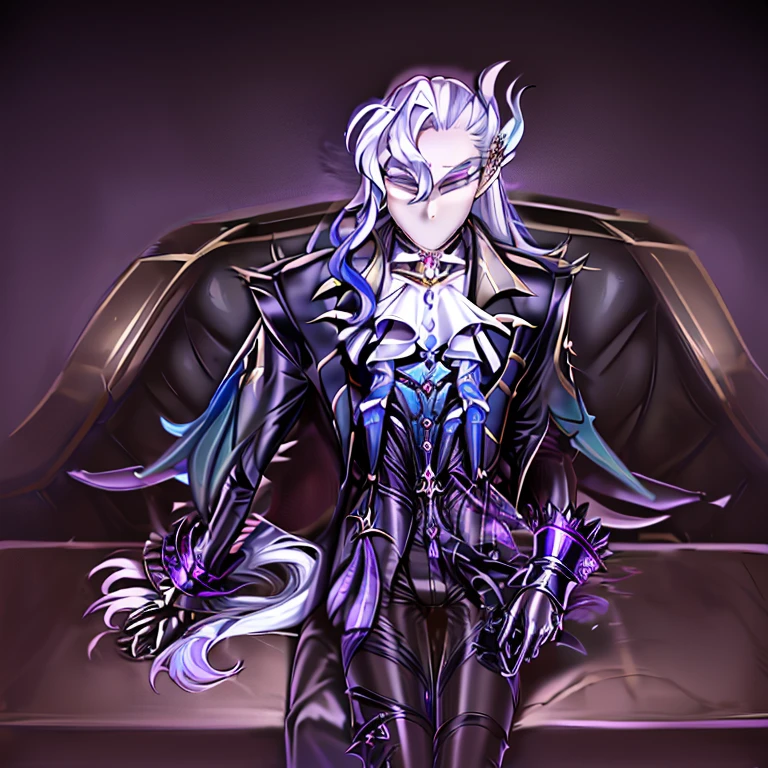 masterpiece, best quality, Neuvillette, ((1boy,Solo)),long hair,grey hair,multicolored hair,feather hair ornament, purple eyes, jewelry,ascot,long sleeves, shirt,gloves, black pants,beautiful combat Bodysuit (( Neuvillette Corrupted by Darkness)),(dark_persona_lora),visor,:1.5