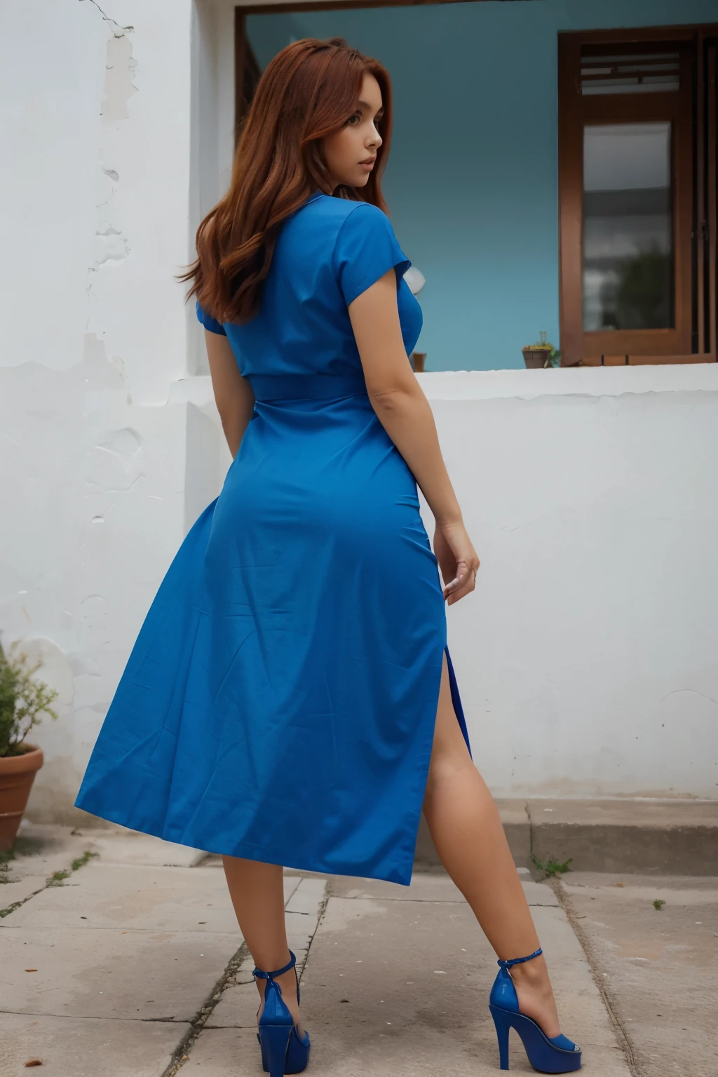 mujer pelirroja, madura, con vestido azul corto, medias con costura, heeled shoes, atractiva. view from behind. de cuerpo entero