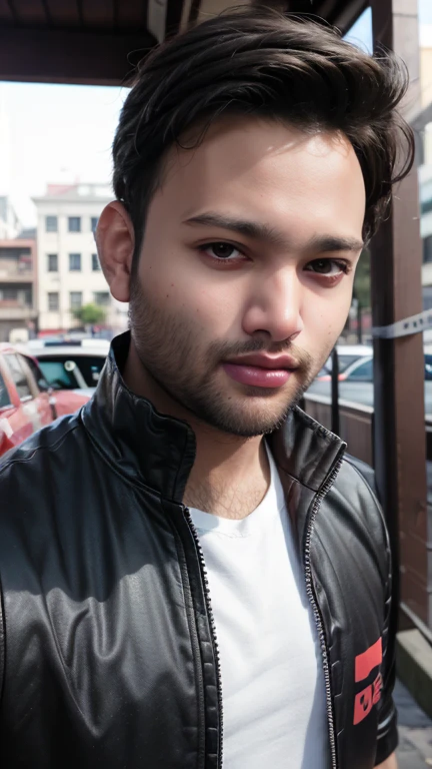 Full size photo of a handsome young man with a ((well-groomed beard:1.1)), captivating black eyes, and short brown hair, at a crowd public place, 8k, RAW photo, ((upper body potrait)), award winning photography,film photography, masterpiece,no contrast, professional color grade,((No closeup)),((outdoors)),