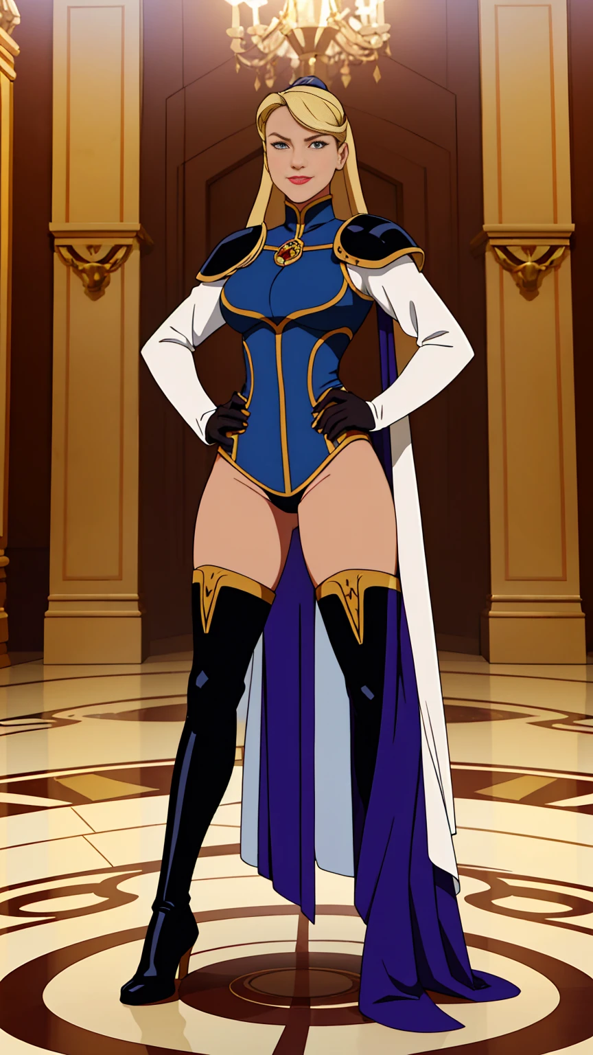 ((Full body photo,standing, feet on the ground))Xuxa, masterpiece, Best quality, full length,  1 Aristocratic woman, arrogant smile, long light hair, drill hairstyle, in dark expensive knightly female armor, wearing long gloves, in thigh-high boots, Decorations