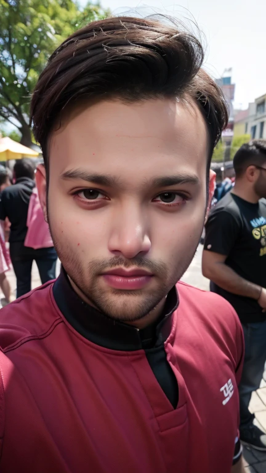 Full size photo of a handsome young man with a ((well-groomed beard:1.1)), captivating black eyes, and short brown hair, at a crowd public place, 8k, RAW photo, ((upper body potrait)), award winning photography,film photography, masterpiece,no contrast, professional color grade,((No closeup)),((outdoors)),