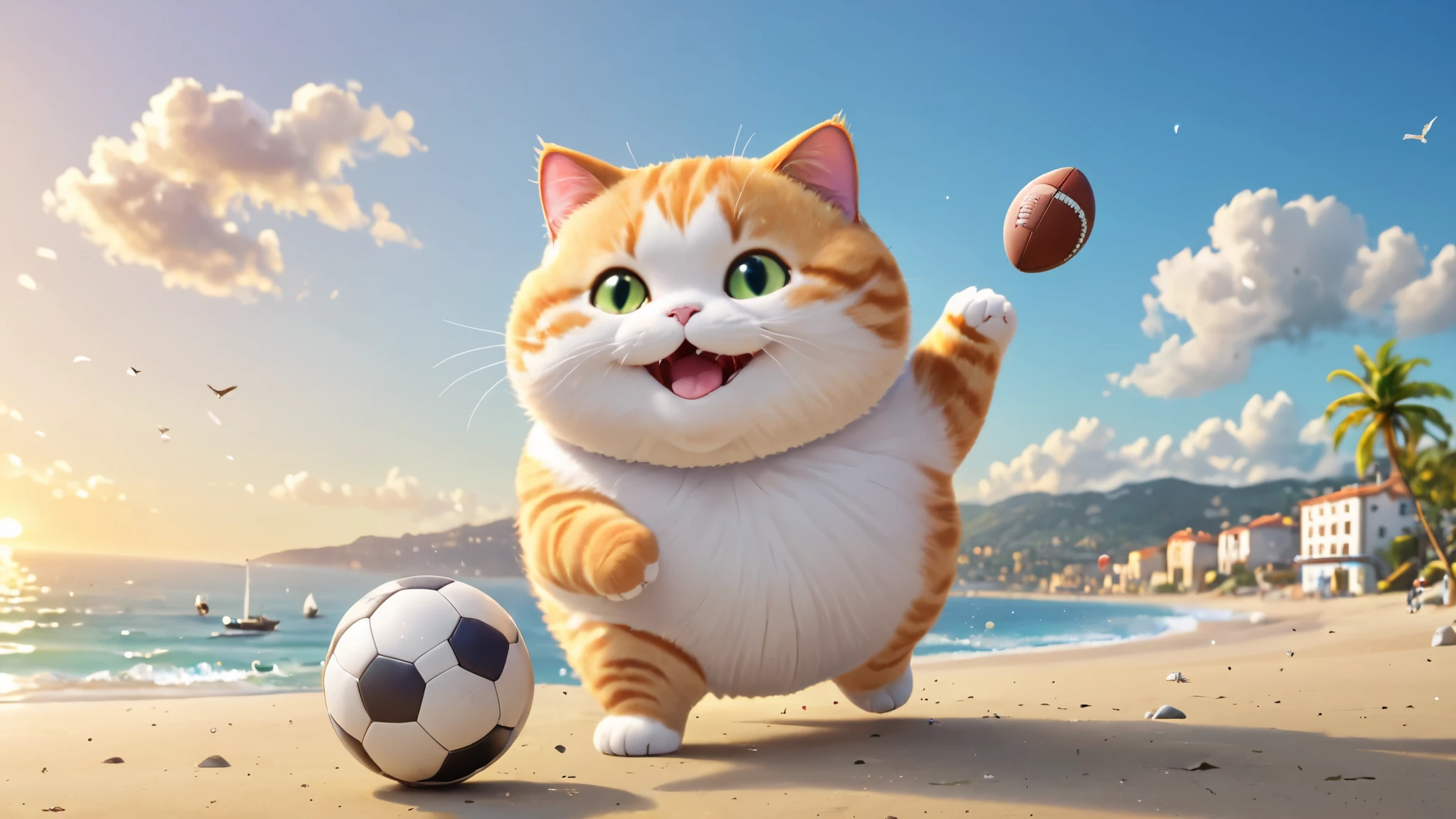 Chubby cat, playing football, at coast, smile and cute, master piece, high resolution 4k, 3d artwotk