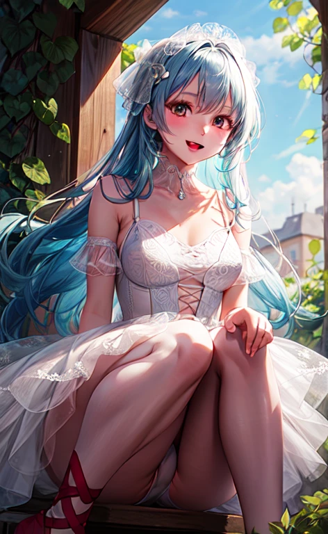 highest quality, masterpiece, from below, long hair girl, White sleeveless short dress with black lace on the chest, looking at the viewer, panties, garden, enchanting smile, open your mouth,