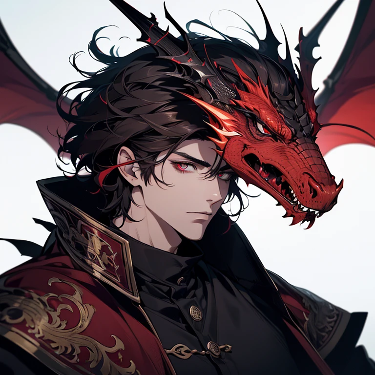 (best quality,highres,ultra-detailed),hombre alto y bastante atractivo, ojos rojos detallados, pelo rojo detallado, background of a legendary black dragon, estilo de retrato, colores vivos, dramatic lighting