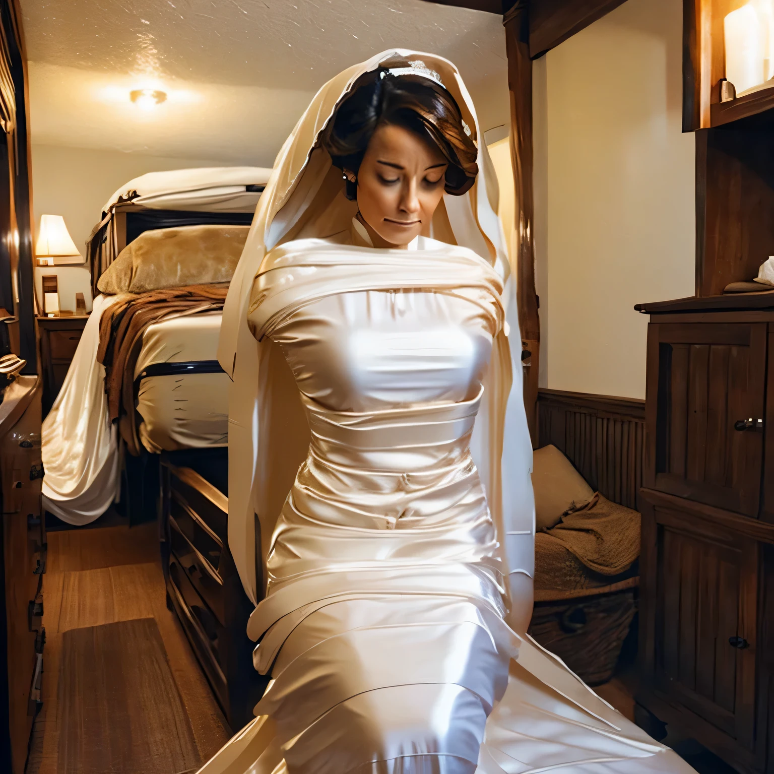 a beautiful woman in the silk sack, mummified