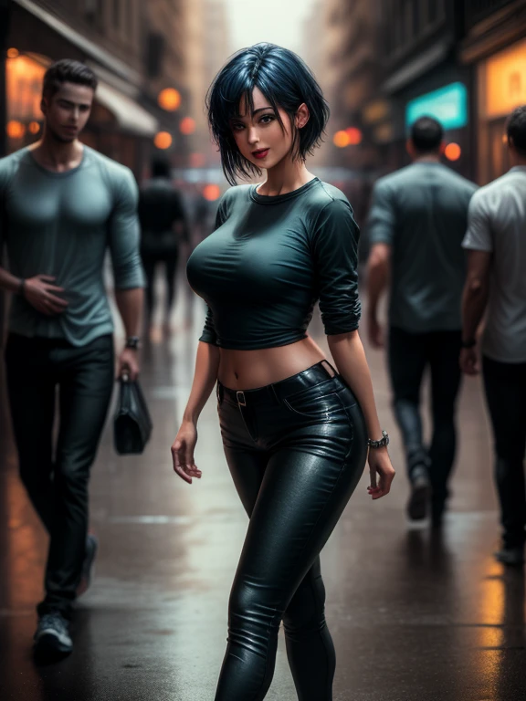 ((whole body):1.5) ((1woman):1.5) and ((pretty Men):1.5) 1woman:{blue shirt and long black pants, shirt and pants extremely tight on her body, she has extremely heavy breasts, has short blue hair, has green eyes, is doing sexual pose, smiling, she is walking}; beauty: {walking behind 1 woman, they are trying to get her}; background: {grim city, night, raining heavily, with lots of gorgeous people}, 16k, high quality, high detail, UHD,