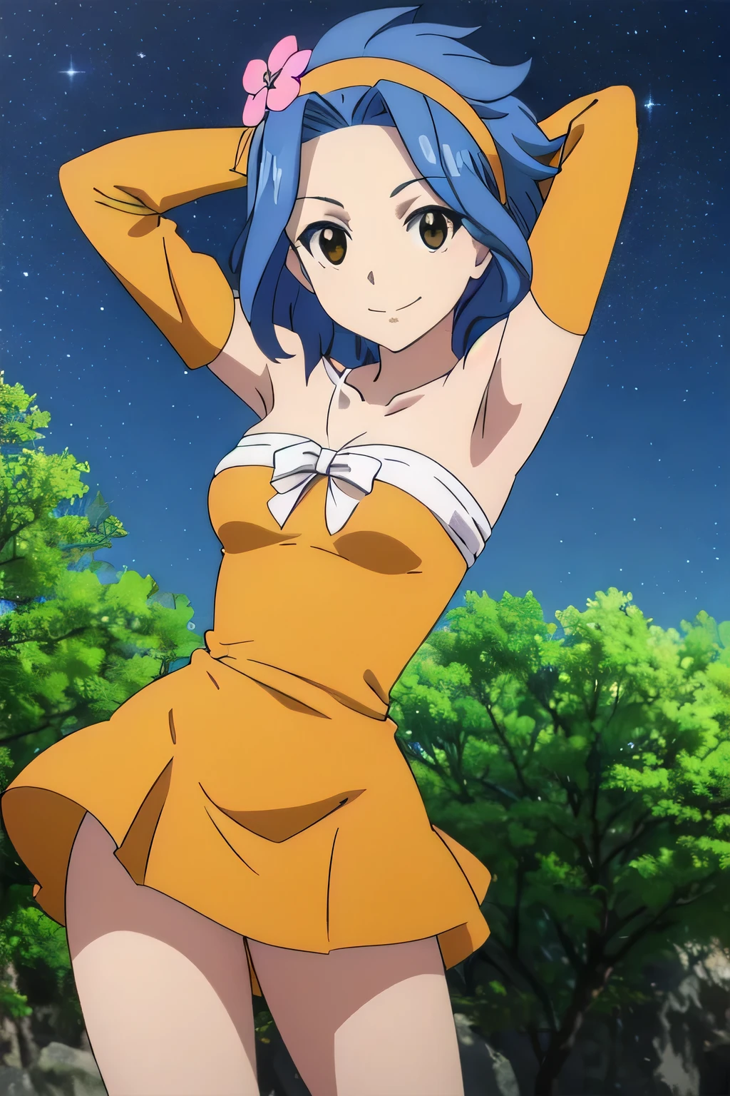 LEVY MCGARDEN, (BROWN EYES:1.35), BLUE HAIR, SHORT HAIR, SIDELOCKS, HAIR ORNAMENT, DRESS, BARE SHOULDERS, COLLARBONE, FLOWER, DETACHED SLEEVES, HAIR FLOWER, STRAPLESS, HEADBAND, SHORT DRESS, STRAPLESS DRESS, ORANGE DRESS, 1girl, smile, solo, night sky, forest, arms behind head, contrapposto, spread armpits, closed mouth,, looking at viewer, cowboy shot,