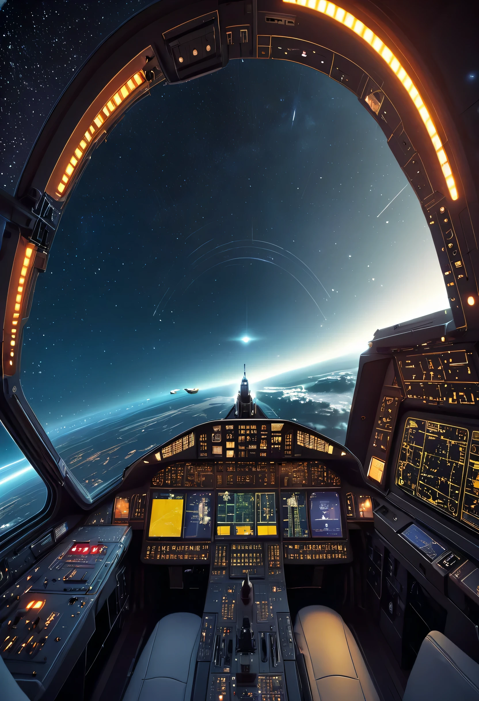 Generate an image depicting a pilot in the cockpit of a spacecraft navigating through the stars. The pilot is shown in a focused expression, manipulating controls while surrounded by monitors and instruments. Through the cockpit windows, the vastness of space and distant galaxies are visible, conveying a sense of adventure and the wonders of interstellar travel. ultra-realistic, por Thomas Cole, cinematic, atmospheric, composition, paisagem urbana, Sense of wonder, 8k