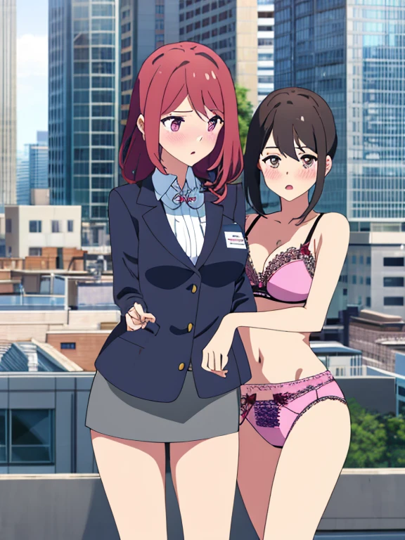 highest quality, ultra high resolution, perfect anatomy, two girls ,Company rooftop、embroidery panties, embroidery bra、nipple、office suit、mini skirt、blush、masturbation