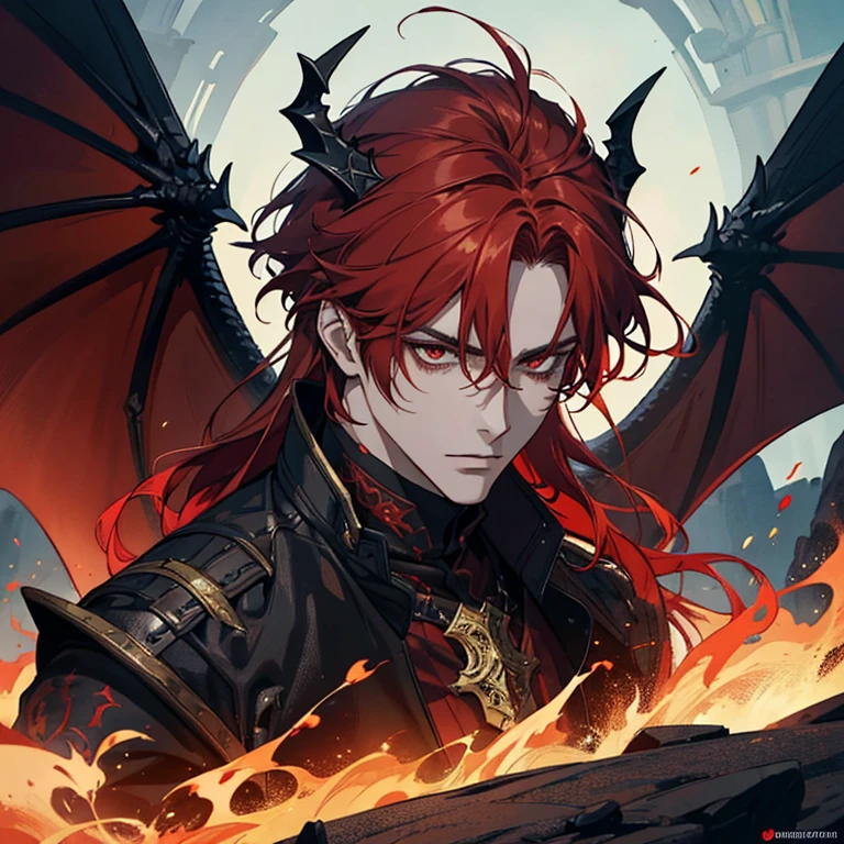 (high quality,portrait:1.2),tall man with red hair and red eyes,legendary dragon behind him,attractive guy,mythical creature,fantasy setting,red and black color scheme,dramatic lighting,heroic pose,details on the dragon's scales,expressive eyes,fiery atmosphere,sharp and vibrant hues