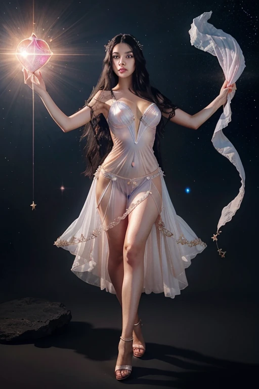 a woman blue eyes long black hair, in a transparent pink dress, holding a star, aphrodite goddess of love, beautiful fantasy art, ethereal feminine, beautiful goddess, ethereal beauty, goddess of spring, Ethereal Fantasy, a stunning young ethereal figure, very beautiful fantasy art, celestial goddess, beautiful maiden, goddess of light, realistic illustration, wearing winged sandals floating in the air
