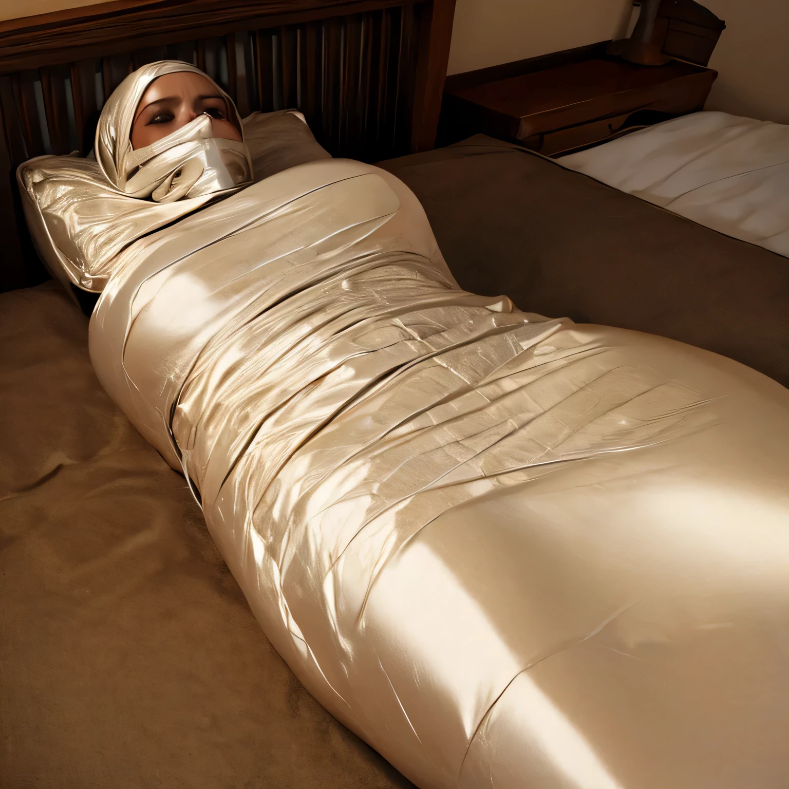 a beautiful woman in the silk sack, mummified