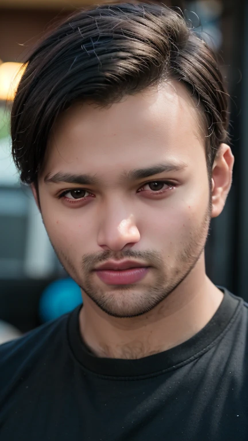 A beautiful young man with highly detailed skin,short trimmed beard,8k,high res,ultra realistic, photorealism,(real life photo,realistic:1.9),best quality,ultra-detailed,professional,vivid colors,sharp focus,physically-based rendering,studio lighting,bokeh,portraits, wearing black shirt.HDR